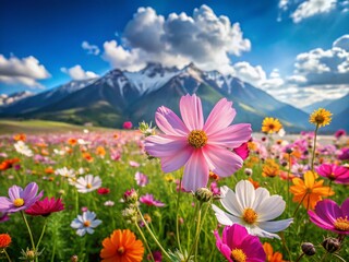 Fototapeta premium Vibrant Spring Cosmos Meadow: Orange, Pink, White Flowers, Mountain View, Bokeh Effect