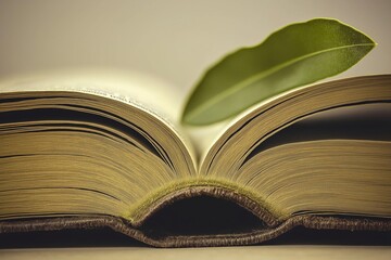 Naklejka premium Open book with olive branch symbolizes peace, relevant for International Day of Peace. Concept explores harmony and knowledge through imagery of book with olive branch