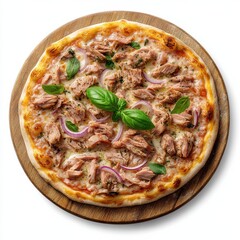 8K photorealistic pizza with tuna and onions on rustic board
