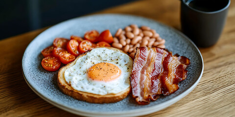 Classic breakfast plate: sunny-side egg, bacon, beans, tomatoes, and coffee. A wholesome way to start your day with protein and deliciousness.