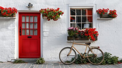 Charming red door with bicycle and flowers.