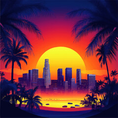 Vibrant Sunset Over Los Angeles Skyline with Palm Trees and Beachfront: Striking Vector Illustration Evoking Summer Evenings and Urban Coastal Beauty
