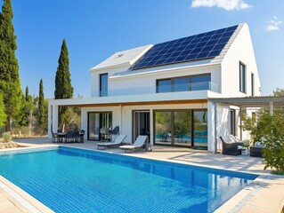 Fototapeta premium Suburban white house with solar panels on the roof and a swimming pool, Cyprus