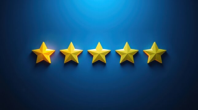 Five golden stars signify top tier excellence. Success is represented with these shining awards on blue.