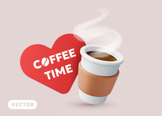 Vector illustration of realistic paper coffee cup with steam and red heart on color background. 3d style cartoon design of takeaway coffee cup with love. Street fast food and drink