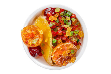 Candied peel and fruit orange, kumquat, tangerine, cherry, mango and others Sugar-coated fruit fresh tasty food dish delicious gourmet food background on the table rustic food top view copy space