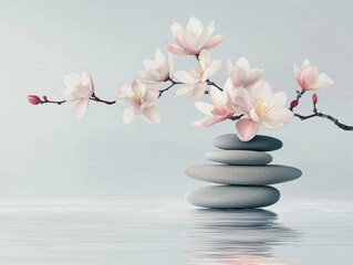 Delicate cherry blossom arrangement tranquil water setting still life serene environment close-up natural beauty