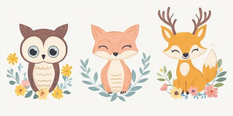 Obraz premium Cute Forest Animals in Floral Frames