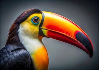 Naklejka premium Vibrant Toucan Beak Close-Up: Exotic Bird Photography on Gray Background