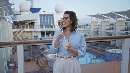Woman relaxing on a cruise ship dock with a drink, enjoying the outdoor atmosphere, capturing a young and beautiful hispanic vacation vibe with leisure and travel elements.