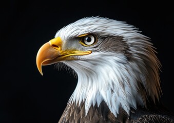 Obraz premium Majestic Bald Eagle Portrait with Striking Features and Intense Gaze against a Dark Background Capturing Natural Wildlife Beauty and Power