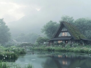 Fototapeta premium Misty River House: Tranquil Asian Village Scene
