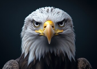 Fototapeta premium Majestic Bald Eagle With Intense Eyes and Detailed Feather Texture, Captured Against a Dark Background for Wildlife Photography