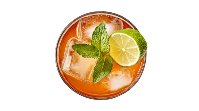 Classic cocktail with lime wedge and fresh mint leaves, summer refreshment, isolated on white background, PNG format, top view