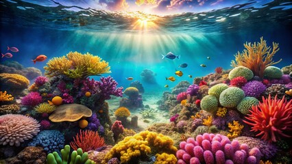 Naklejka premium Vibrant Underwater Ocean Floor Scene: Coral Reef, Seaweed, Rocks & Marine Life
