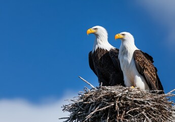 Majestic Bald Eagles Perched on Nest Against Clear Blue Sky Capturing Nature's Splendor and Wildlife Serenity in Their Natural Habitat