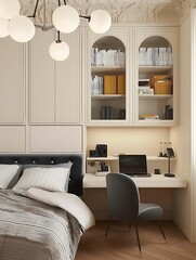 there is a bed with a desk and a chair in a room