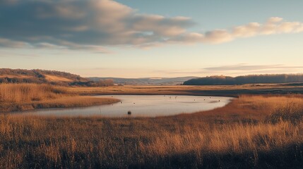 Tranquil Natural Landscape: Calm Lake, Golden Reeds, Rolling Hills, and Sunlit Clouds in Warm Tones