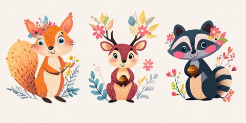 Obraz premium Cute Forest Animals with Flowers