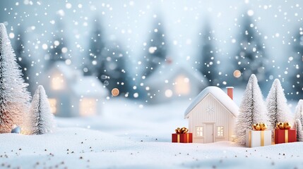 Fototapeta premium Snowy Winter Village House Christmas Gifts