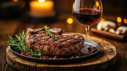 Warm Golden Glow Illuminates Ribeye Steak and Red Wine Achievement