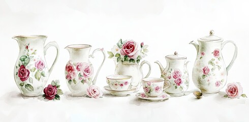 Fototapeta premium Elegant ceramic tea set adorned with roses displayed on a soft background