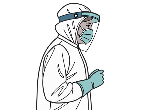 Healthcare worker wearing full personal protective equipment (PPE) including face shield, mask, gloves, and gown, isolated on white background.
