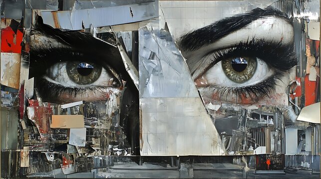 Artistically fragmented eyes are looking outwards from a collage artwork