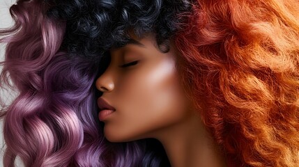 Fototapeta premium Woman with purple and orange curly hair on a white background.