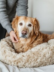 there is a dog that is laying down on a bed