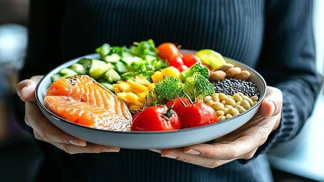 A woman holds a colorful plate filled with fish, vegetables, fruits, and seeds. The meal is carefully crafted to avoid common allergens like dairy, peanuts, and tree nuts.