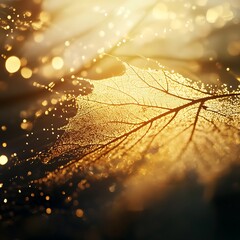Golden leaf glowing in autumn sunlight nature scene close-up view magical atmosphere
