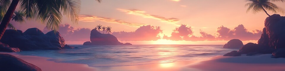 A serene beach at sunset with palm trees