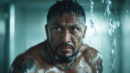 A muscular man with a focused expression stands in a steamy room, his body glistening with water droplets, reflecting determination and strength in a challenging moment.