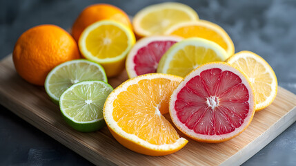 Fototapeta premium variety of sliced citrus fruits including oranges, lemons, limes, and grapefruit are displayed on wooden board, showcasing their vibrant colors and juicy textures