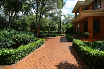 Fototapeta premium Brick pathway to house with manicured garden and trees in residential background