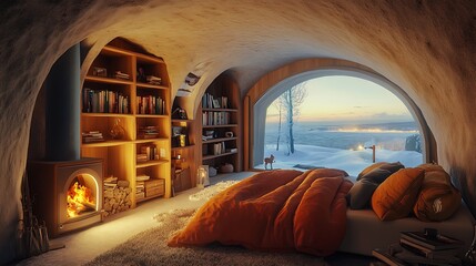 there is a bed in a room with a fireplace and bookshelves