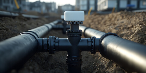 Pipes being installed on a construction site. Pipes are connected with a three way pipe connector and valves, ready for use.