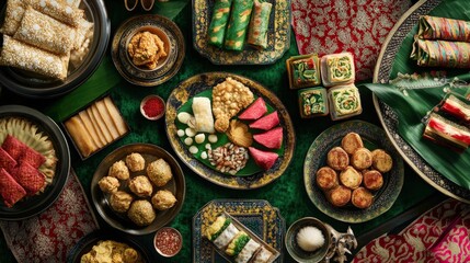 Assortment of Traditional Kuih Raya with Ketupat Decorations Displayed
