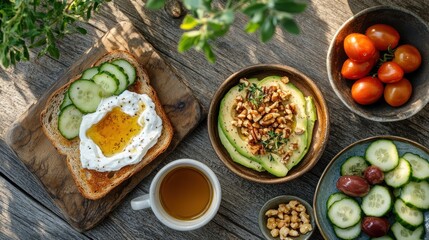 Healthy brunch avocado toast, cucumbers, olives, tea
