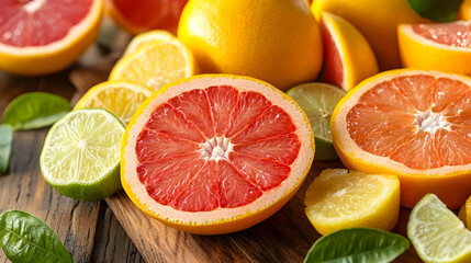 Fototapeta premium variety of fresh citrus fruits including oranges, lemons, limes, and grapefruit are displayed on wooden surface, showcasing their vibrant colors and juicy textures