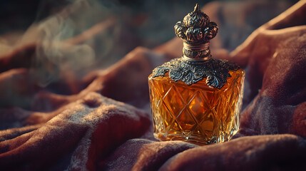 vintage perfume bottle with ornate cap sits elegantly on luxurious velvet fabric, exuding sense of timeless elegance and sophistication