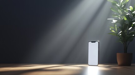 Smartphone mockup, illuminated, on wooden surface, plant