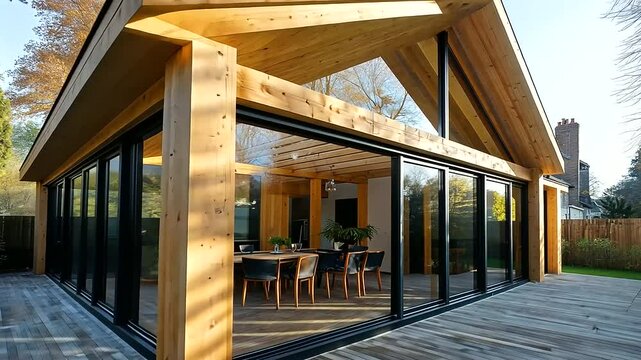 A wooden house extension takes shape, with a visible skeleton of timber beams and supports. The design incorporates large glass windows and an outdoor terrace, highlighting eco-fri
