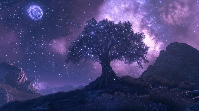 A lone starry tree sits beneath the celestial purple night sky