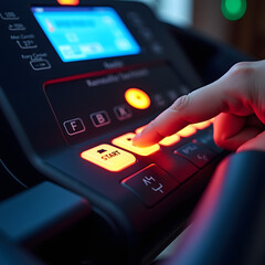 Obraz premium A close-up of a treadmill dashboard with glowing buttons in low gym lighting and a runner's finger poised to press the start button