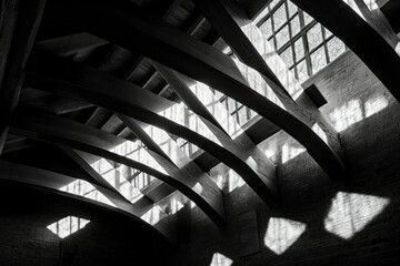Naklejka premium Interior architecture Light streaming through rafters and brick walls, creating patterns