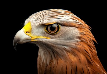 Majestic Close-Up of an Eagle with Striking Details and Vivid Colors Against a Black Background Highlighting the Bird's Powerful Presence