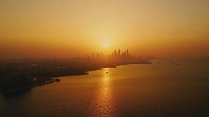 Naklejka premium Aerial Sunset Cityscape, Coastal Skyline, Golden Hour, Ships, Urban