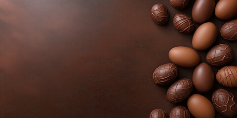 Easter wallpaper with chocolate eggs on a brown background with copy space
